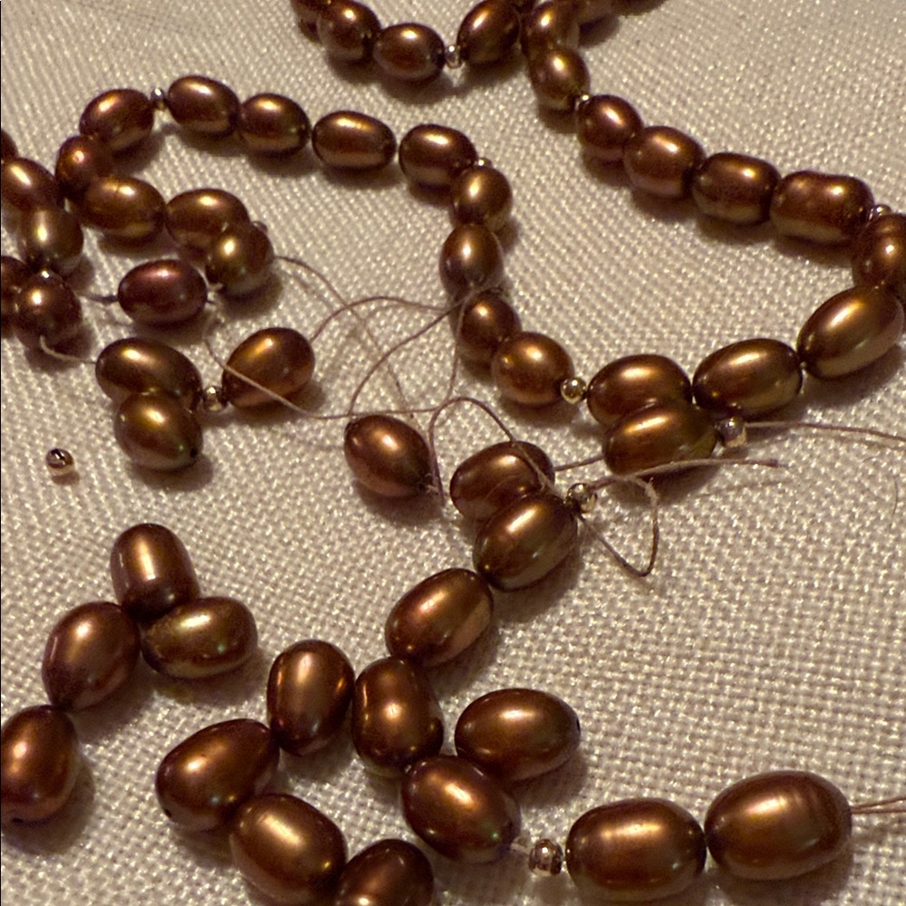LONG, Brown, freshwater pearl Necklace needs restrung